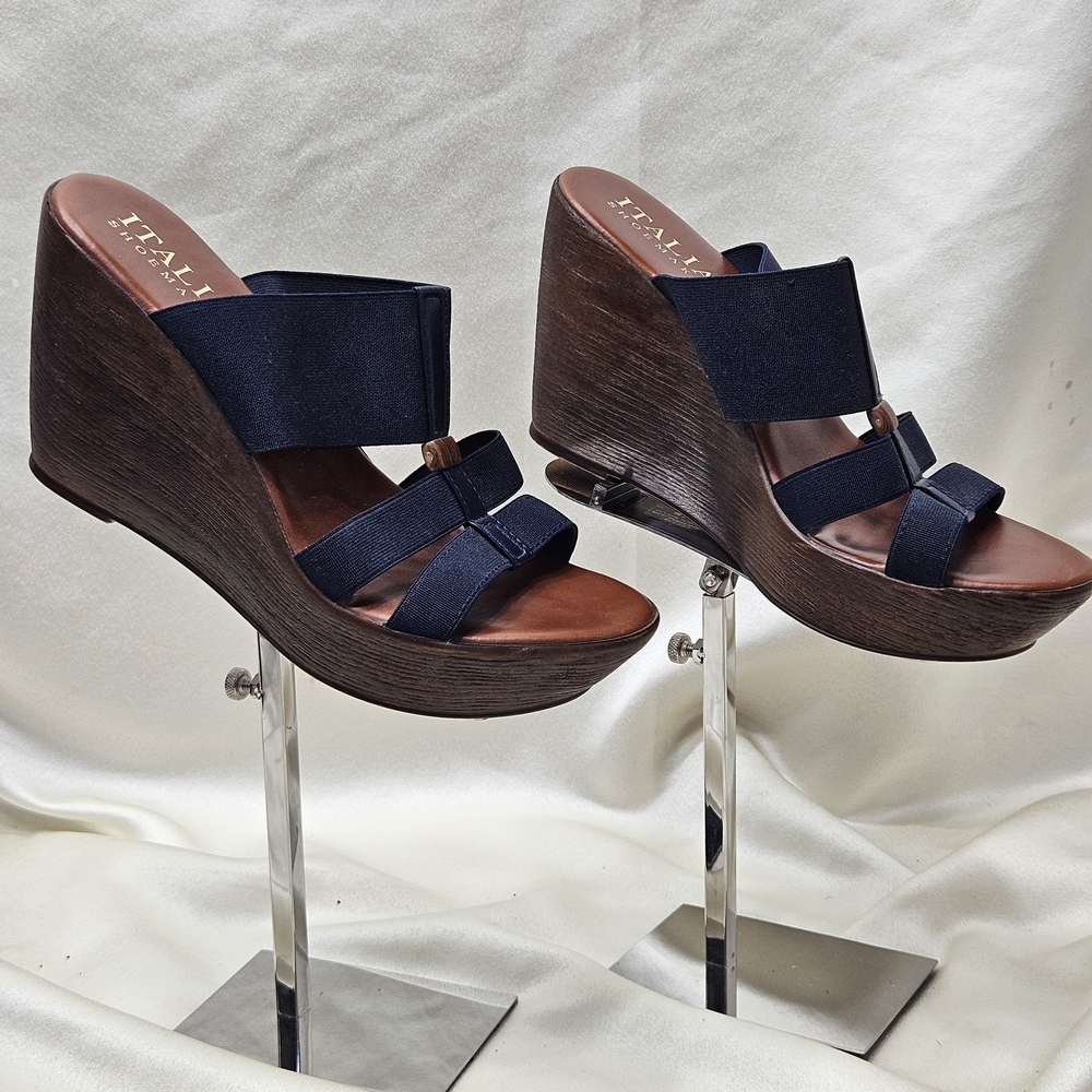 Italian shoemakers wedge, Slip On heels Flex Strap sandals sz 8.5 Blue Brown - Picture 2 of 6